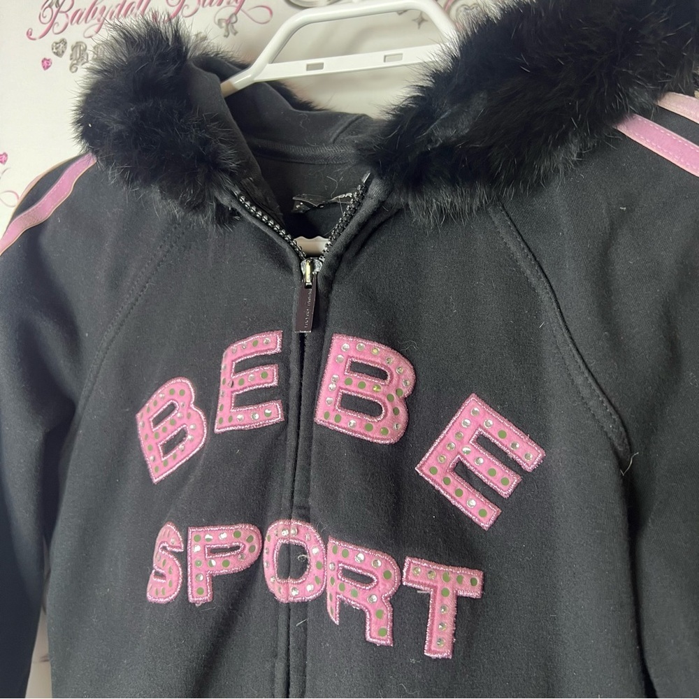 bebe set sweater pants striped rabbit fur hood trim Black Pink Track Pants - Picture 3 of 13